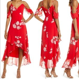 Lulus Love in Bloom Floral Cold Shoulder High Low Dress Red